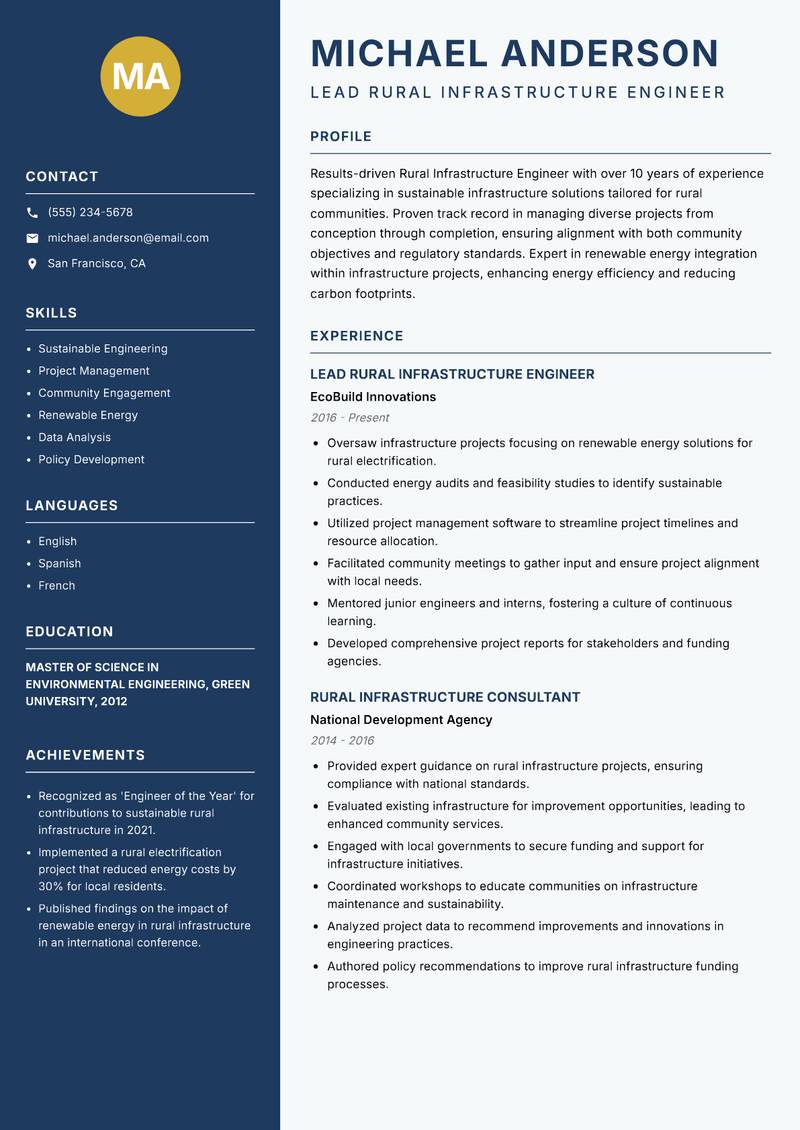 Rural Infrastructure Engineer Resume Preview Example