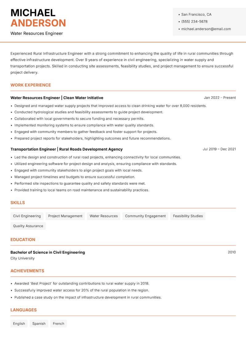 Rural Infrastructure Engineer Resume Template