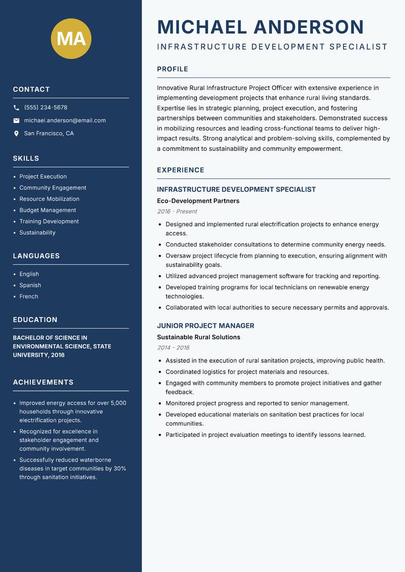Rural Infrastructure Project Officer Resume Preview Example