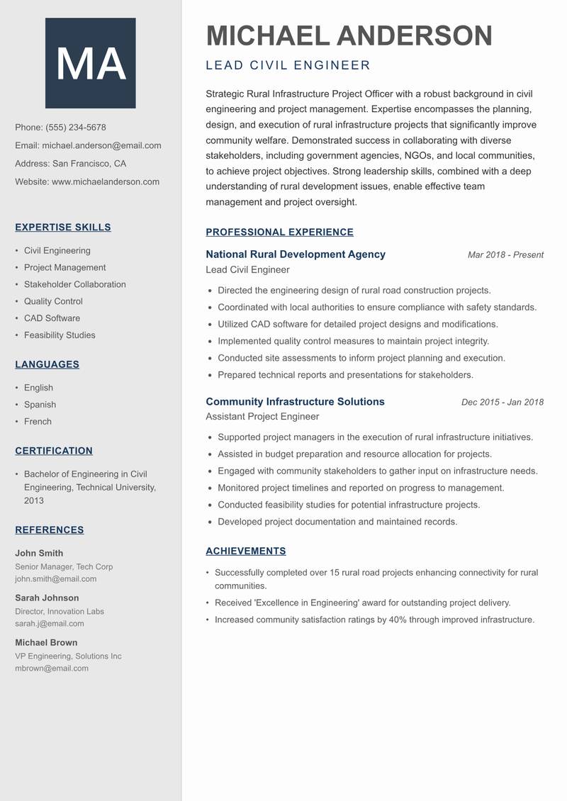 Rural Infrastructure Project Officer Resume Preview Example