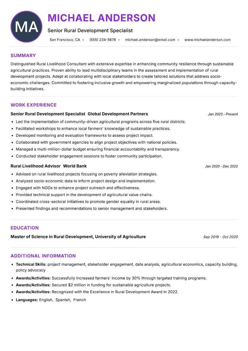 Rural Livelihood Consultant Resume Preview Example