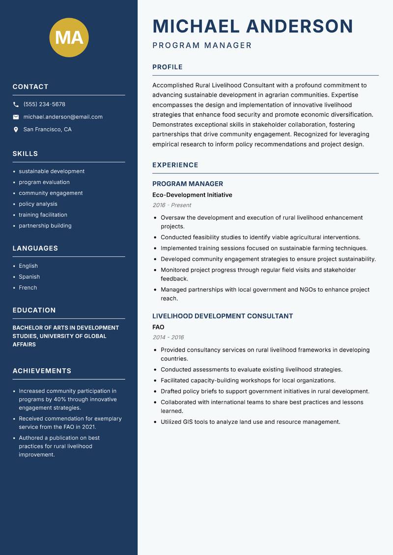 Rural Livelihood Consultant Resume Preview Example