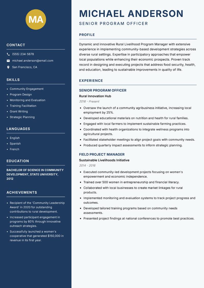 Rural Livelihood Program Manager Resume Preview Example