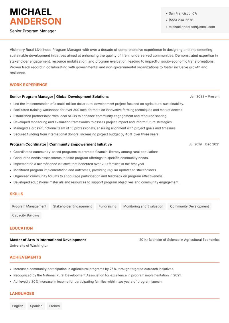 Rural Livelihood Program Manager Resume Template