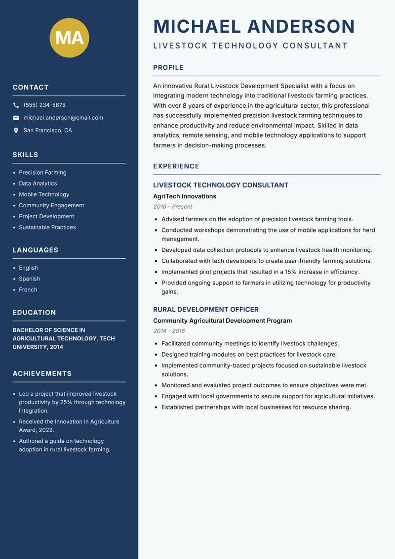 Rural Livestock Development Specialist Resume Preview Example