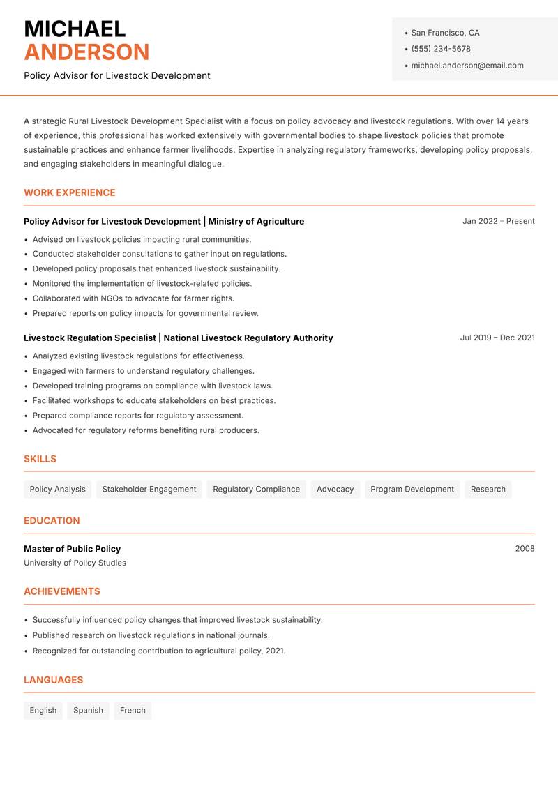 Rural Livestock Development Specialist Resume Template