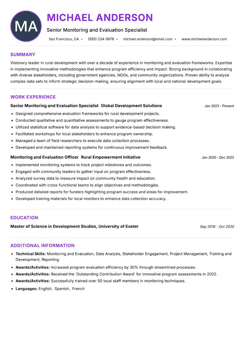 Rural Monitoring and Evaluation Manager Resume Preview Example