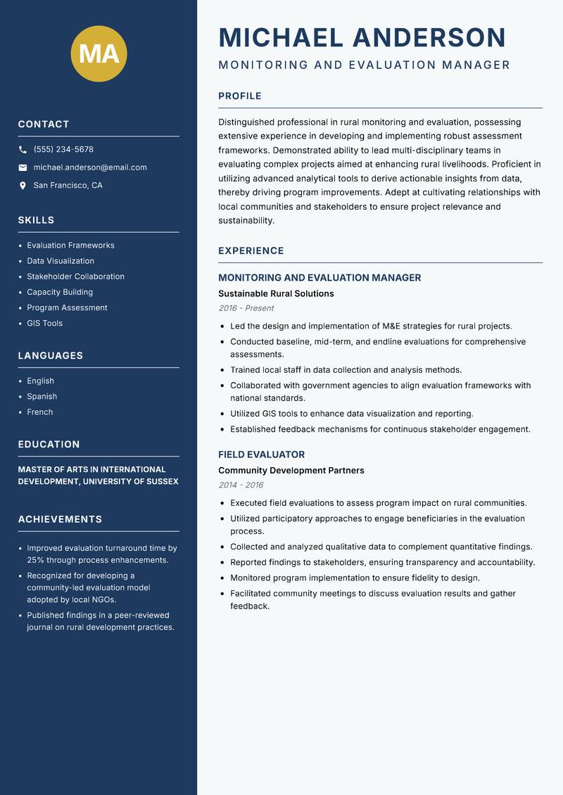 Rural Monitoring and Evaluation Manager Resume Preview Example