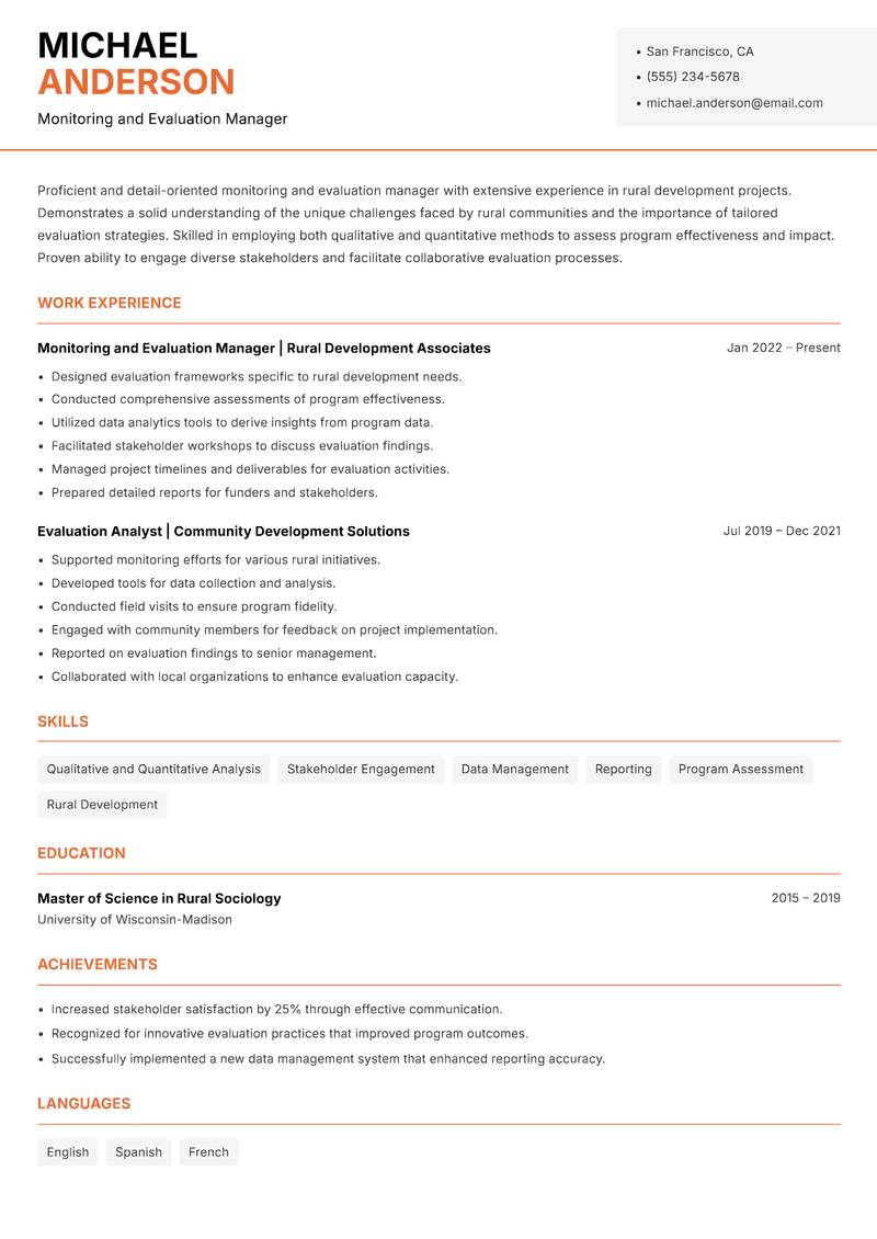 Rural Monitoring and Evaluation Manager Resume Template