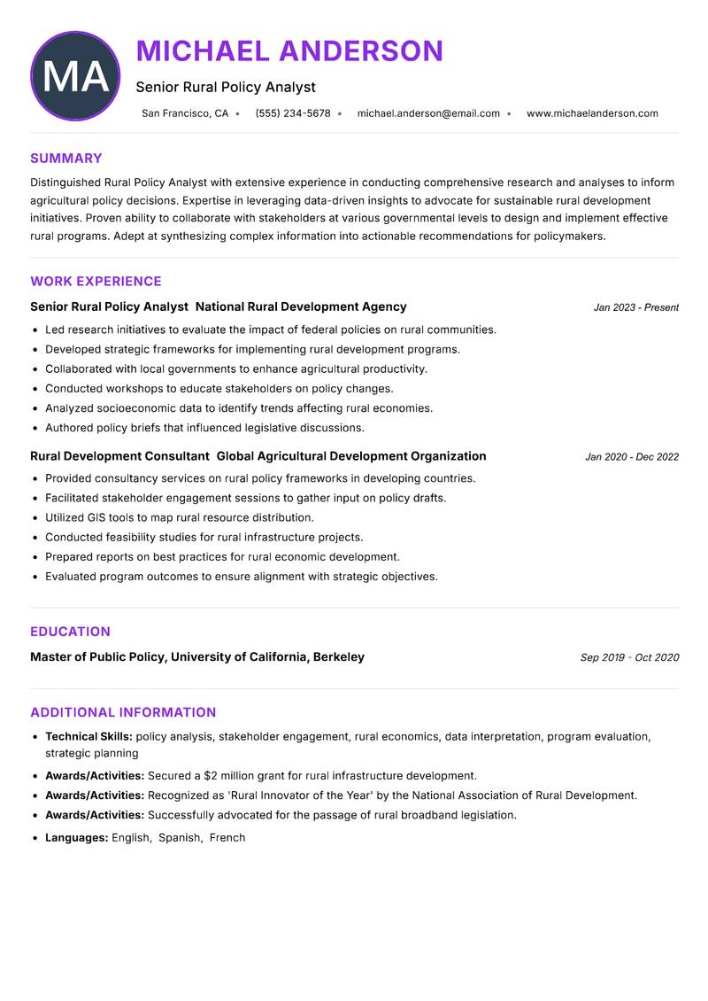 Rural Policy Analyst Resume Preview Example