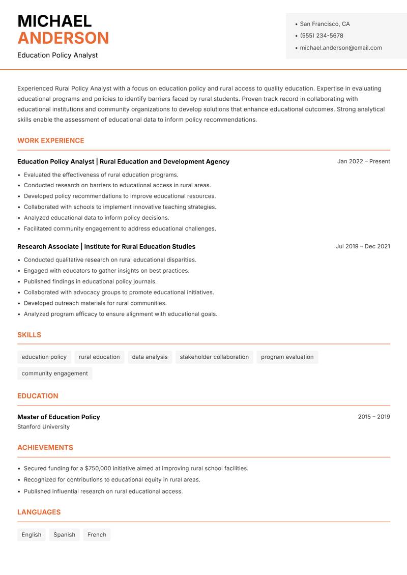 Rural Policy Analyst Resume Template