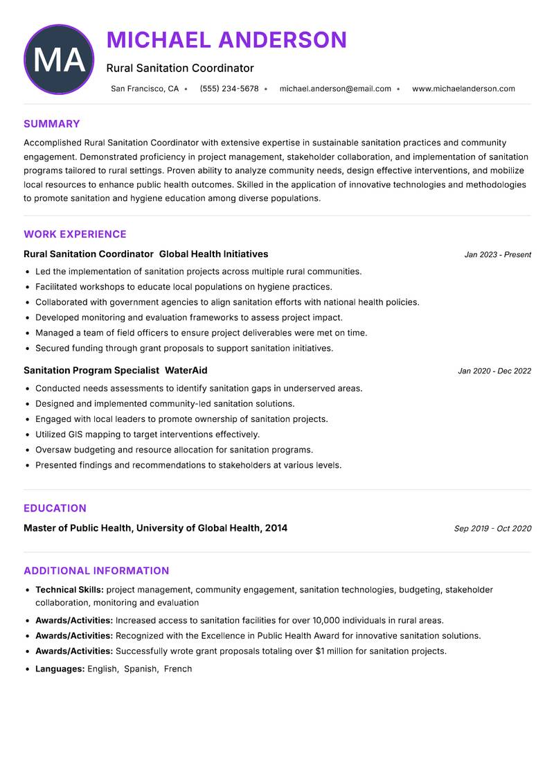 Rural Sanitation Coordinator Resume Preview Example