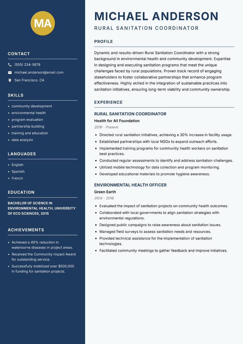 Rural Sanitation Coordinator Resume Preview Example