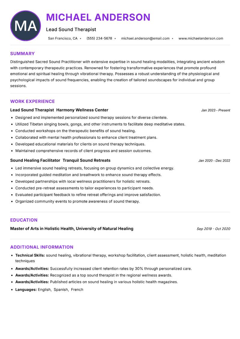Sacred Sound Practitioner Resume Preview Example