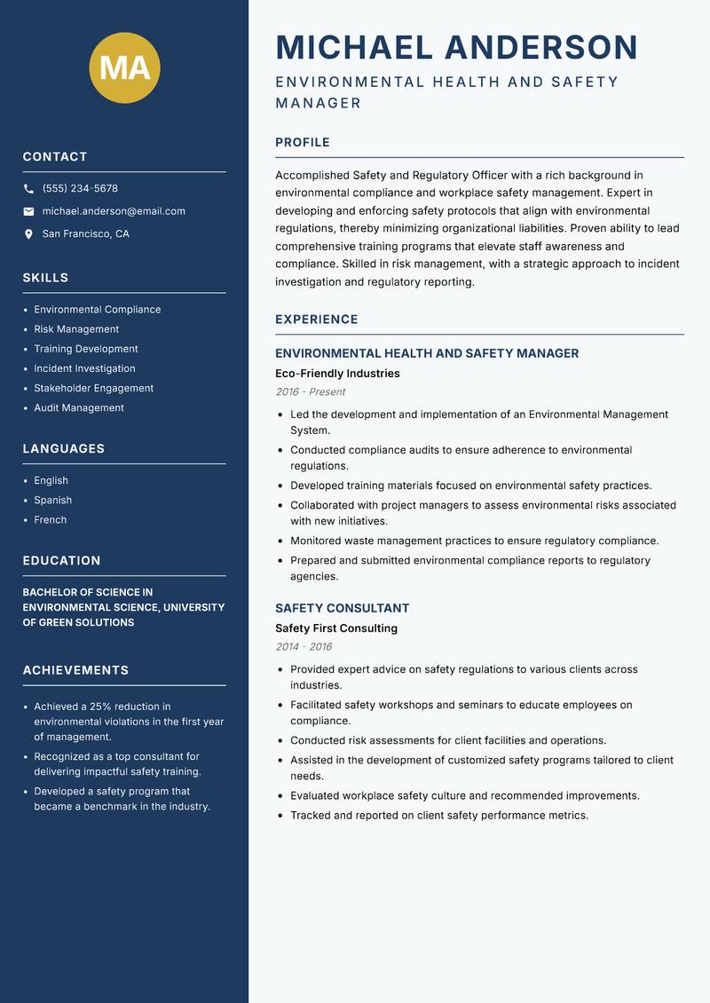 Safety and Regulatory Officer Resume Preview Example