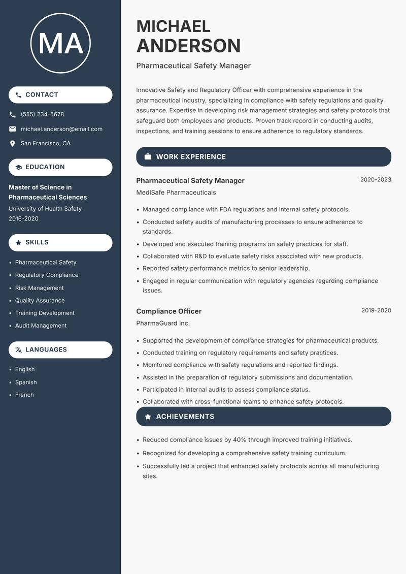 Safety and Regulatory Officer Resume Preview Example