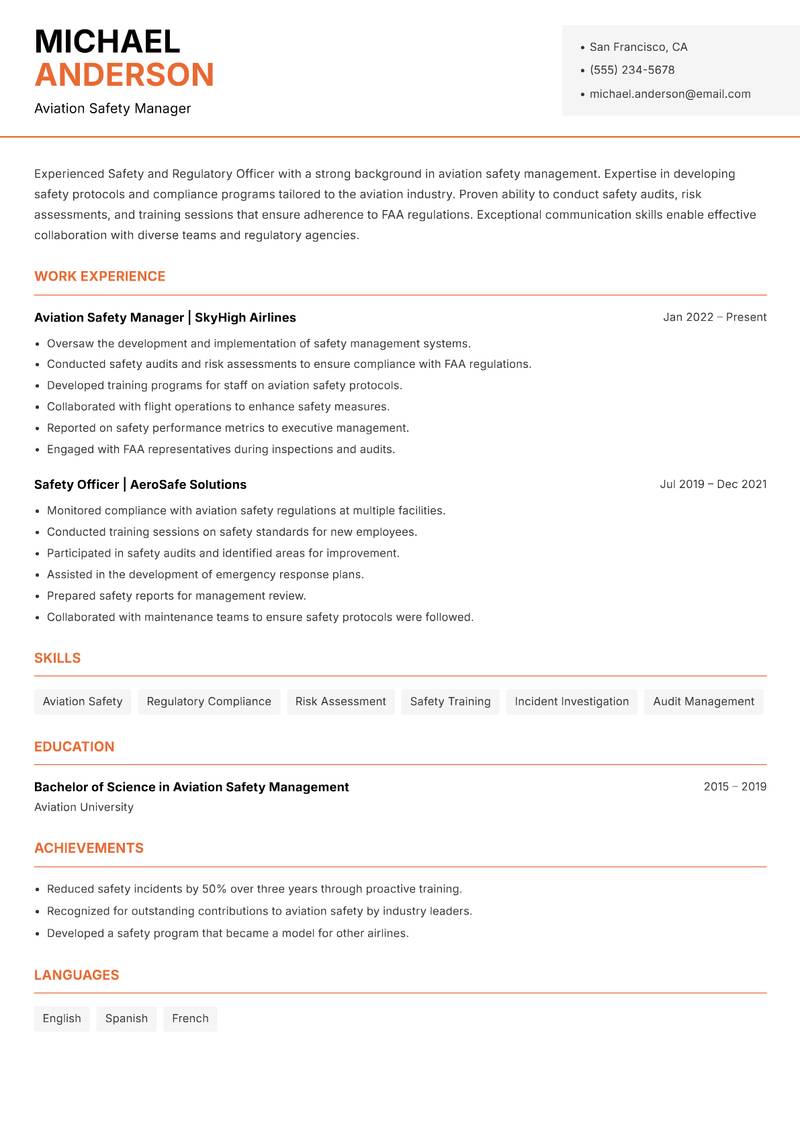 Safety and Regulatory Officer Resume Template