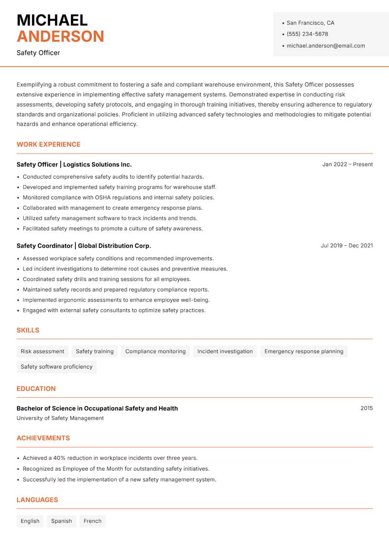 Safety Officer Warehouse Resume Template