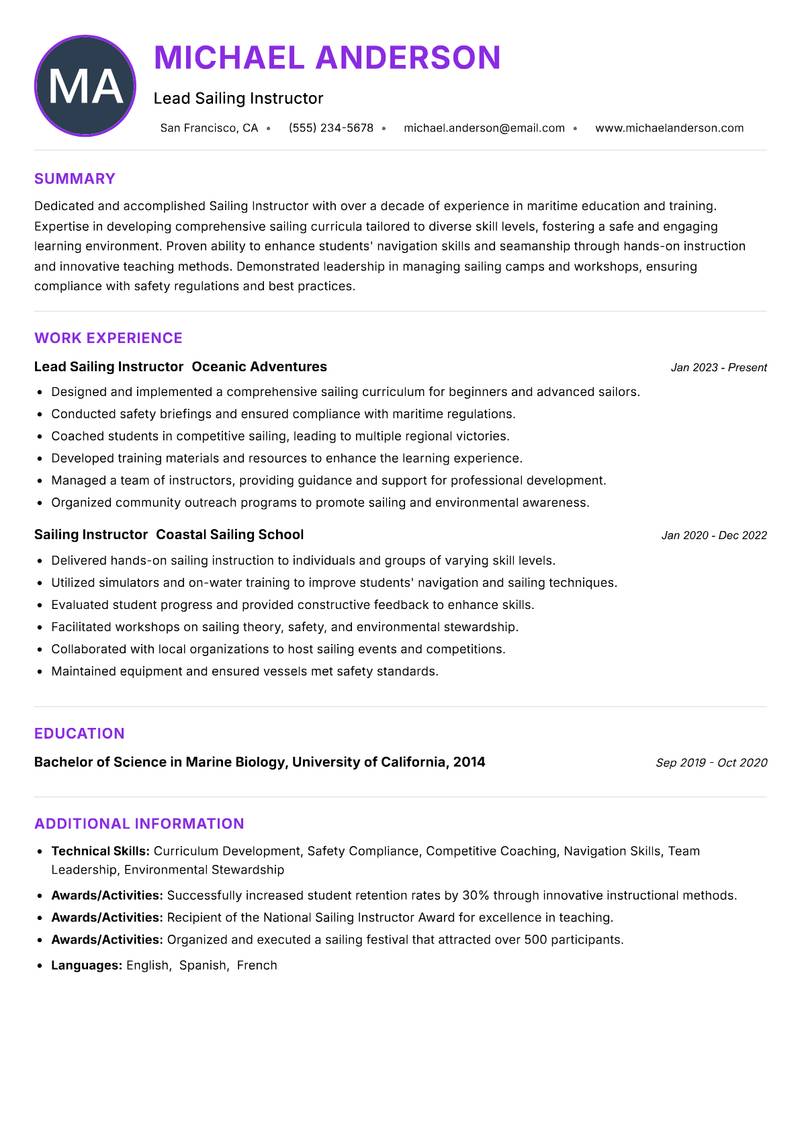 Sailing Instructor Resume Preview Example