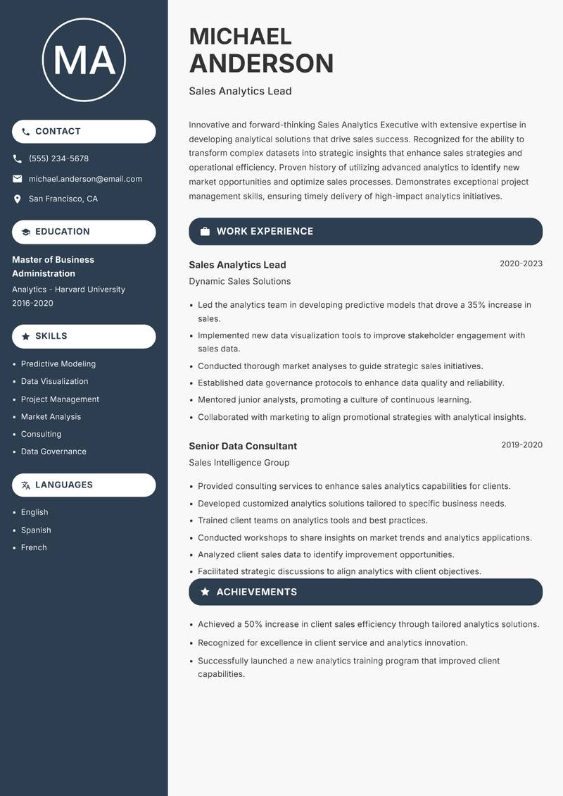 Sales Analytics Executive Resume Preview Example