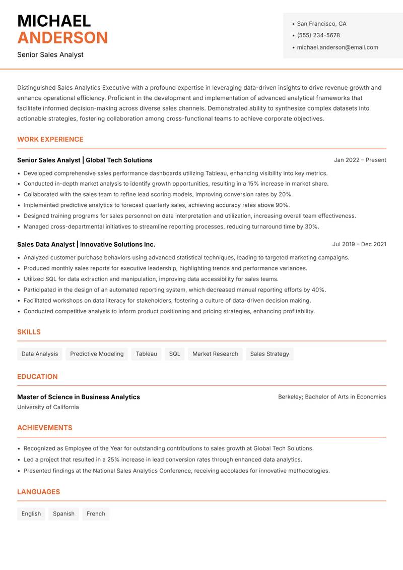 Sales Analytics Executive Resume Template