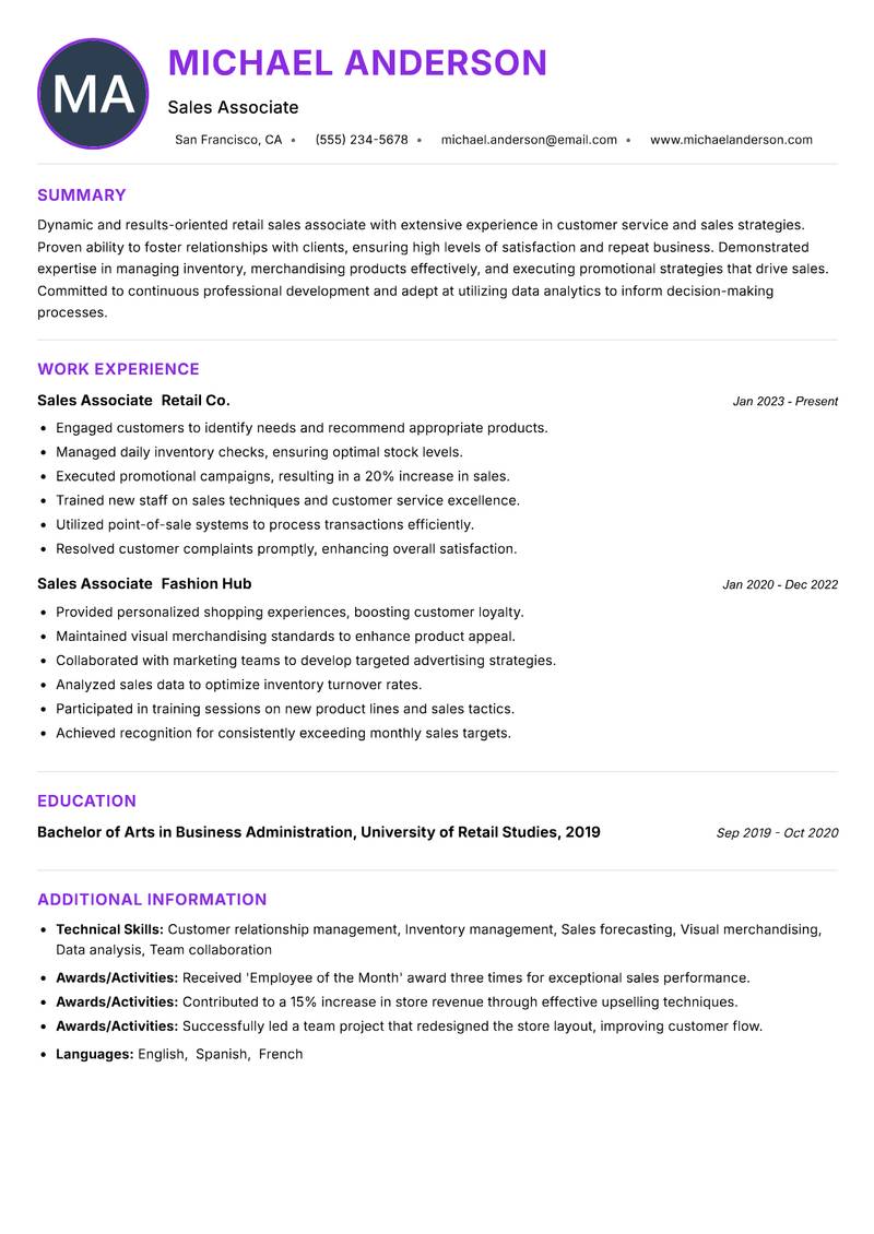 Sales Associate Retail Resume Preview Example
