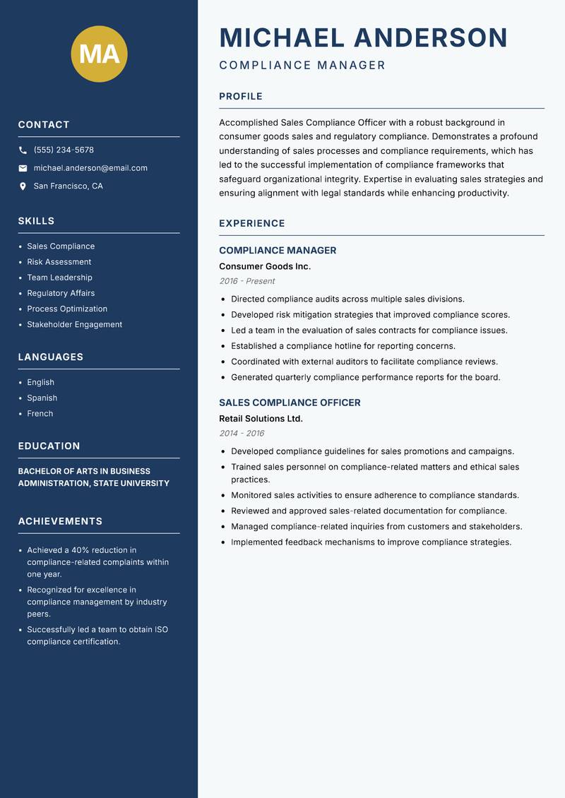 Sales Compliance Officer Resume Preview Example