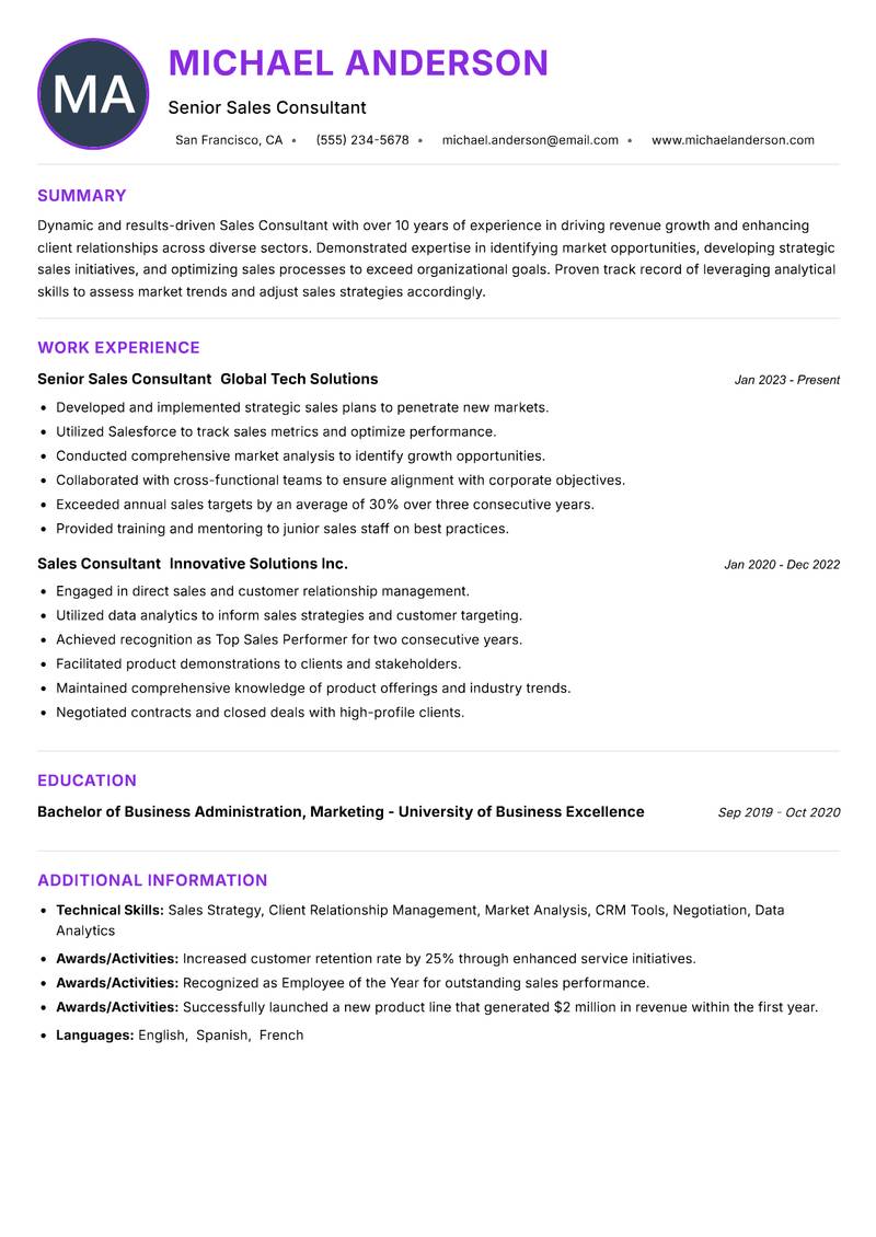 Sales Consultant Resume Preview Example