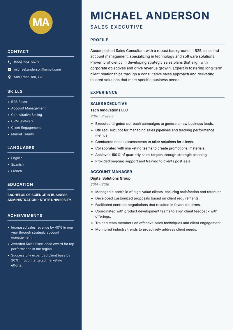 Sales Consultant Resume Preview Example