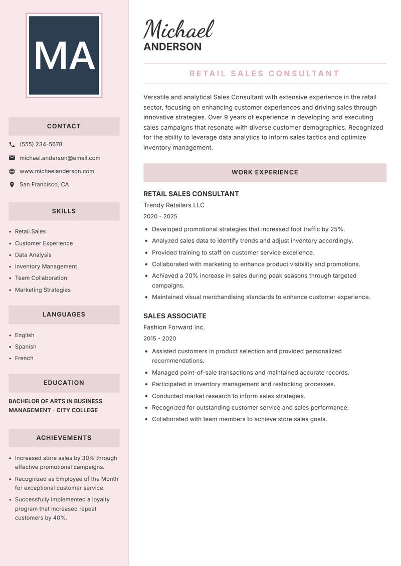 Sales Consultant Resume Preview Example