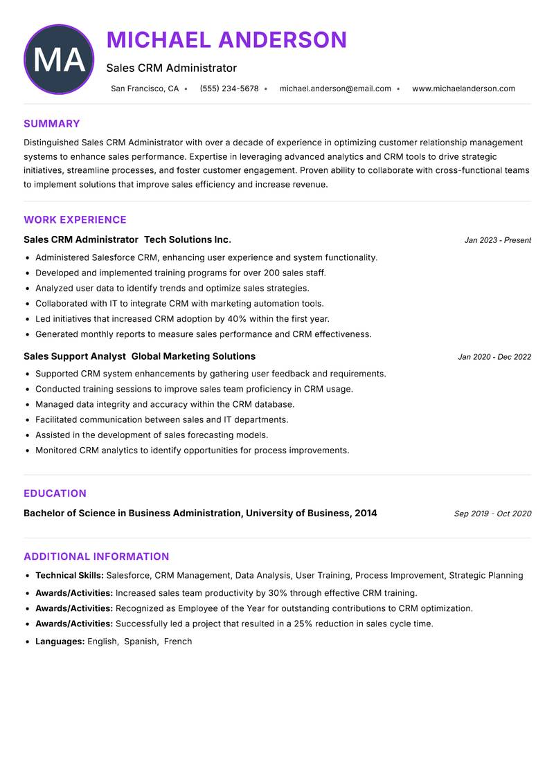 Sales CRM Administrator Resume Preview Example