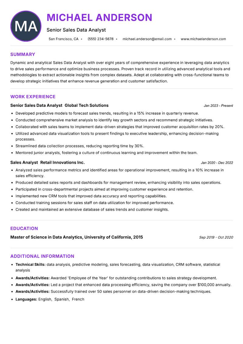 Sales Data Analyst Resume Preview Example