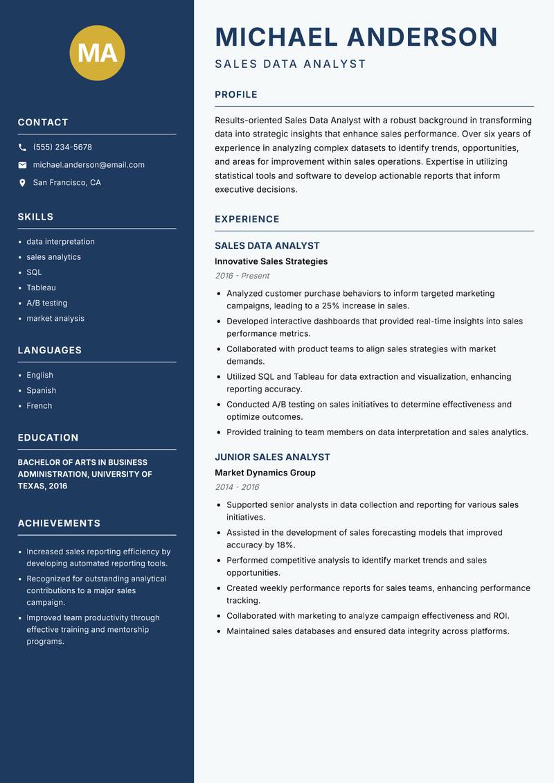 Sales Data Analyst Resume Preview Example