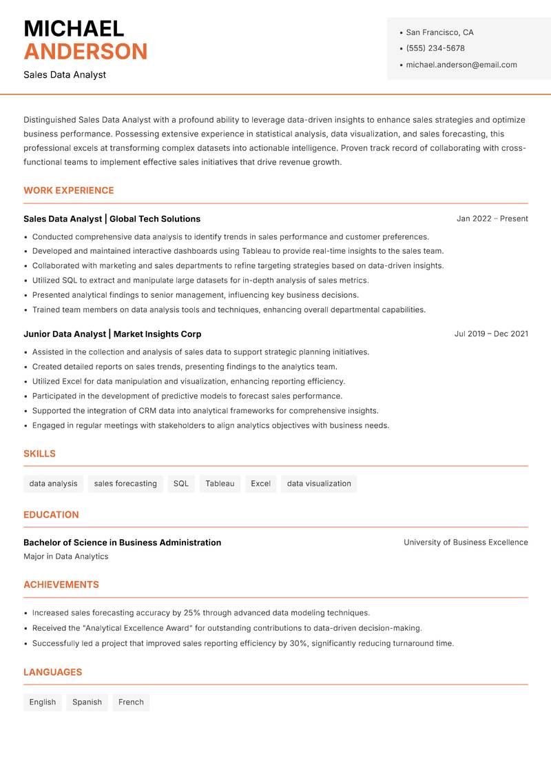 Sales Data Analyst Resume Template