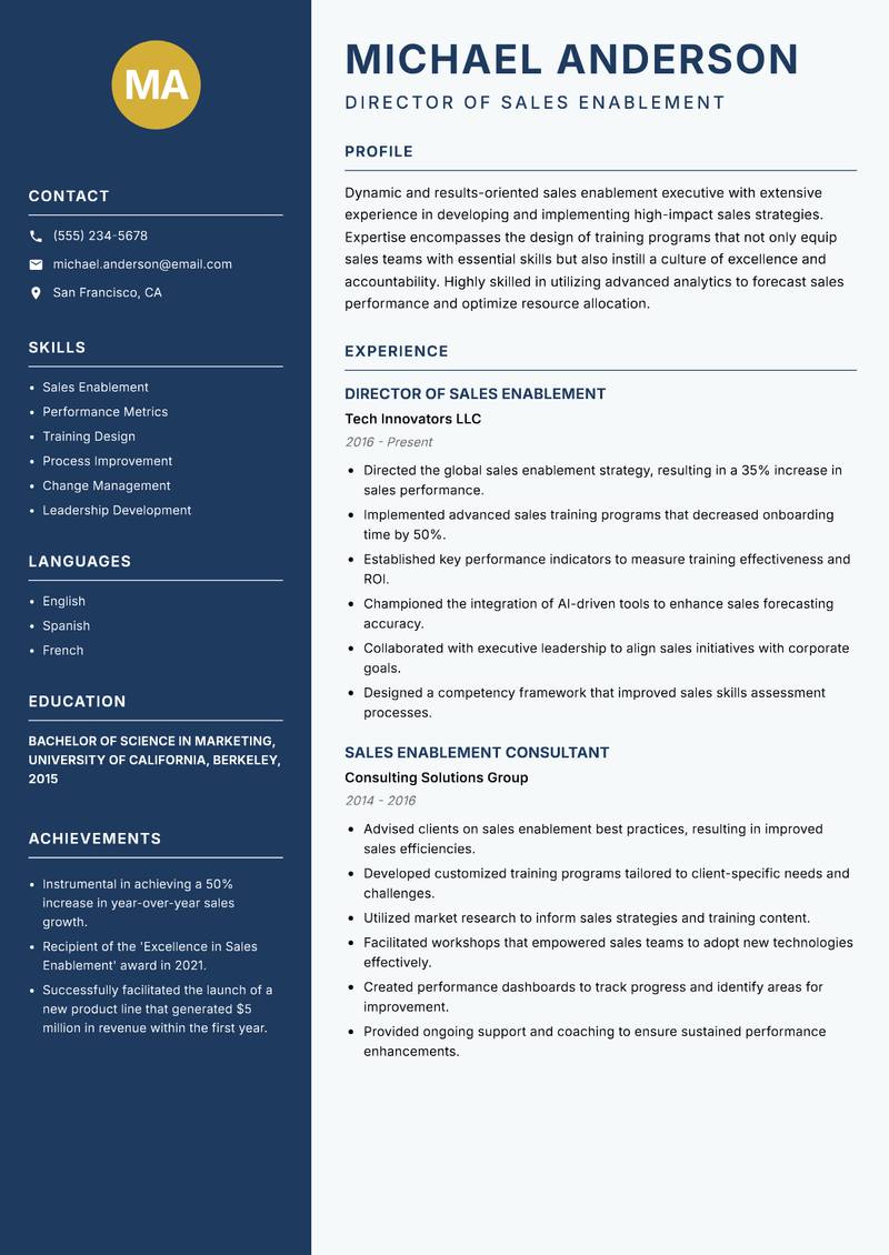 Sales Enablement Executive Resume Preview Example