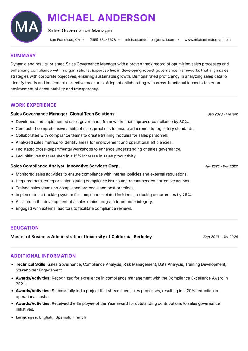 Sales Governance Manager Resume Preview Example