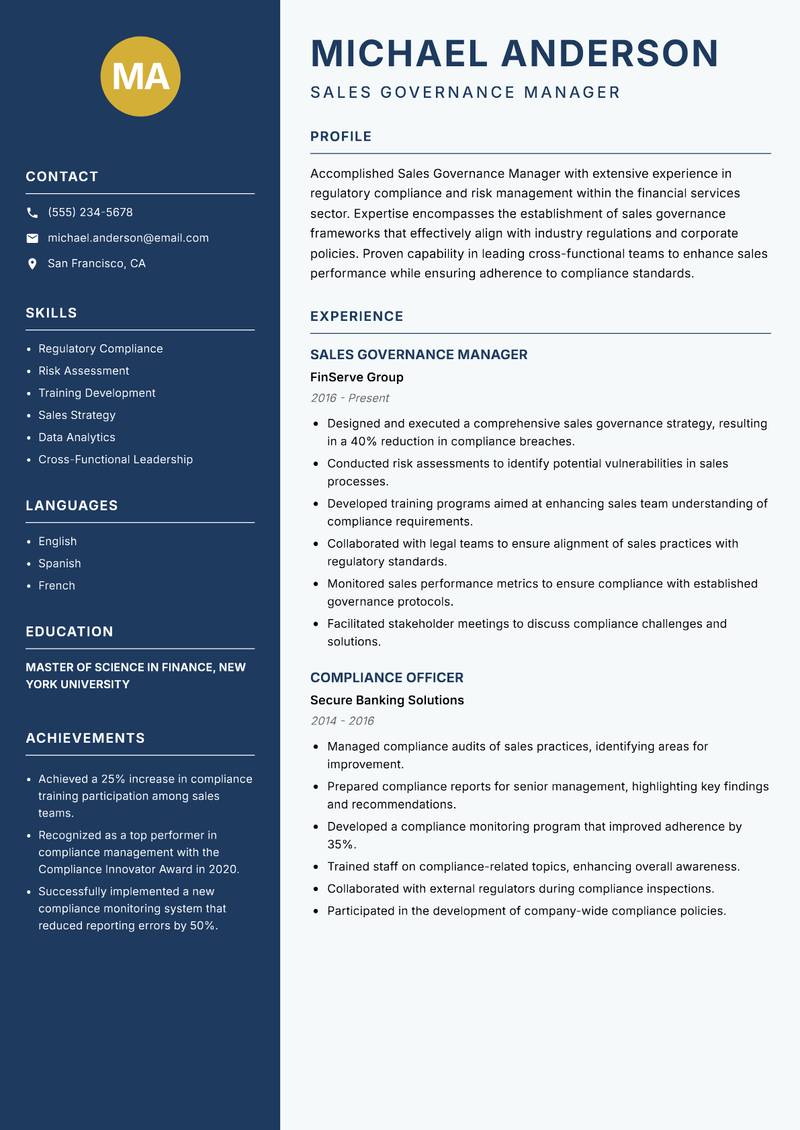 Sales Governance Manager Resume Preview Example