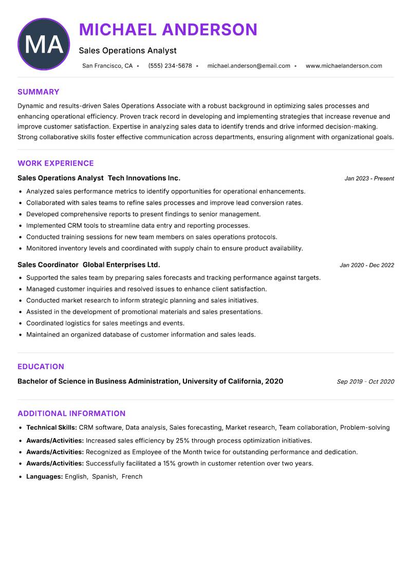 Sales Operations Associate Resume Preview Example