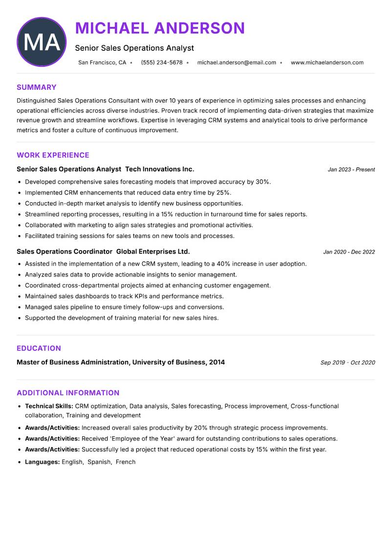 Sales Operations Consultant Resume Preview Example
