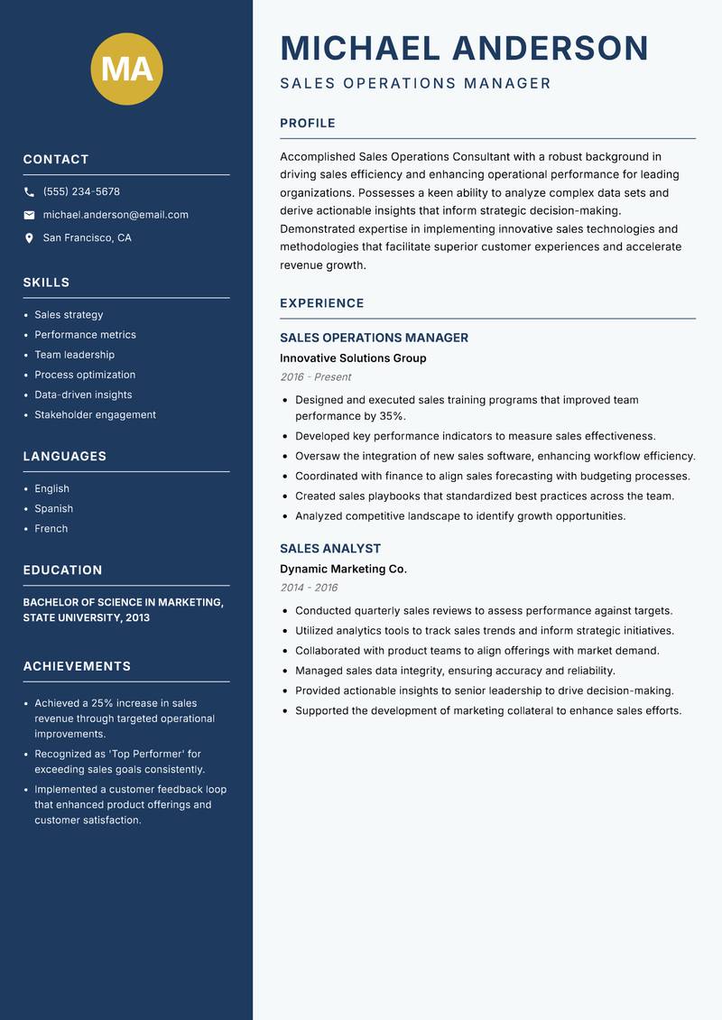 Sales Operations Consultant Resume Preview Example
