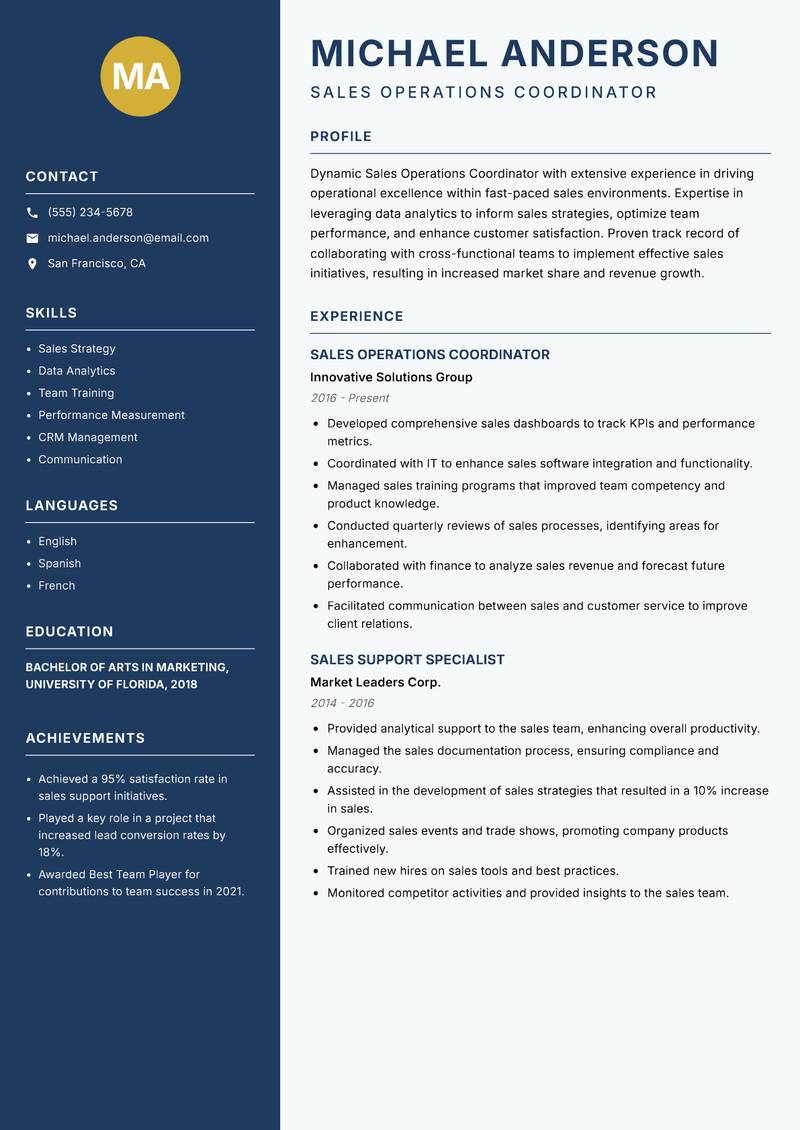 Sales Operations Coordinator Resume Preview Example