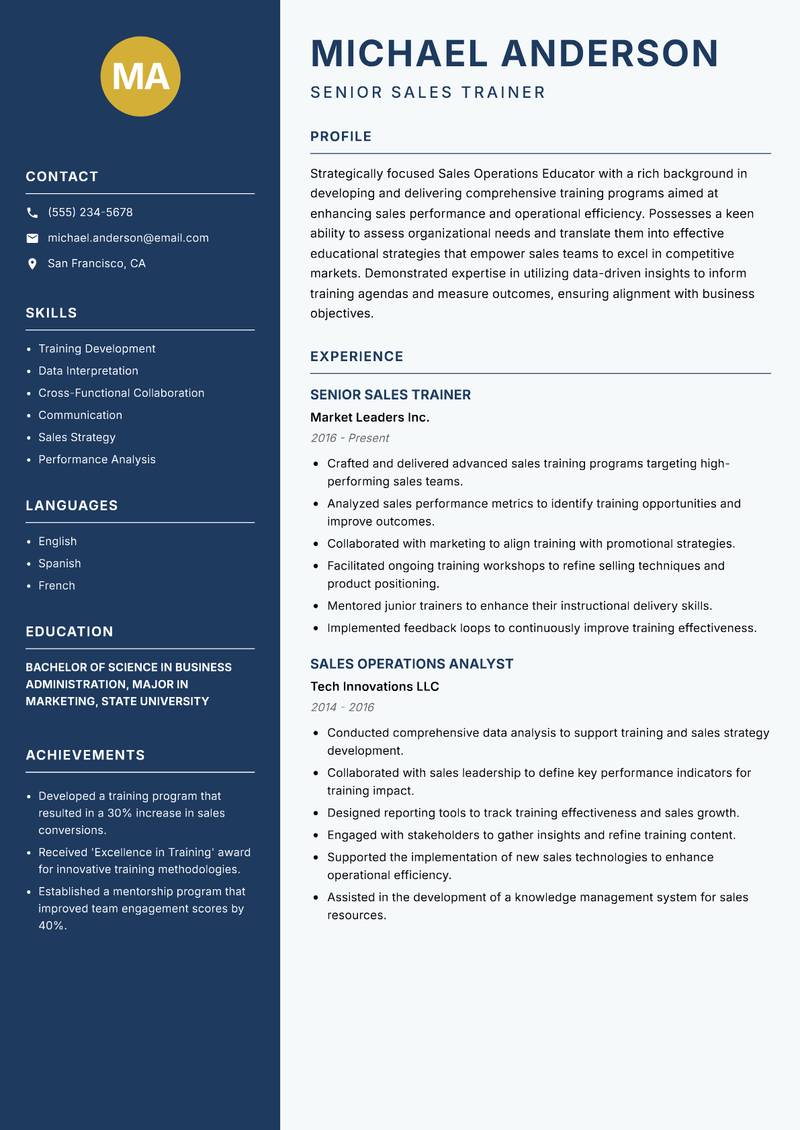 Sales Operations Educator Resume Preview Example
