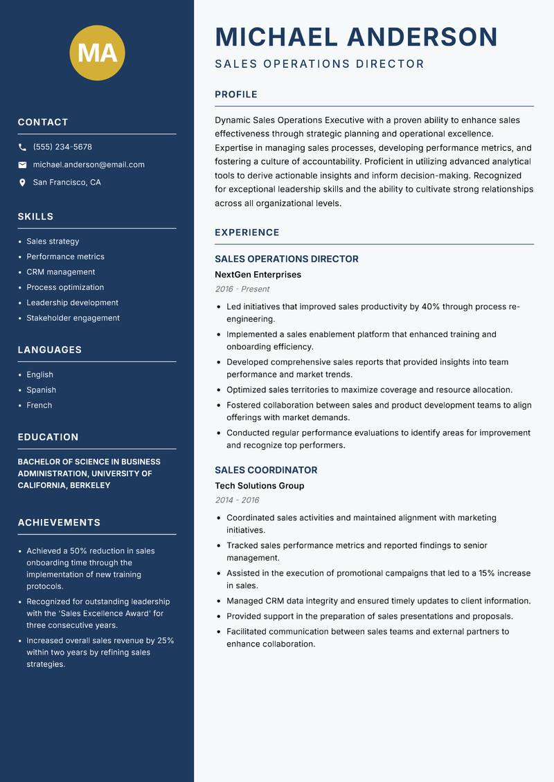 Sales Operations Executive Resume Preview Example