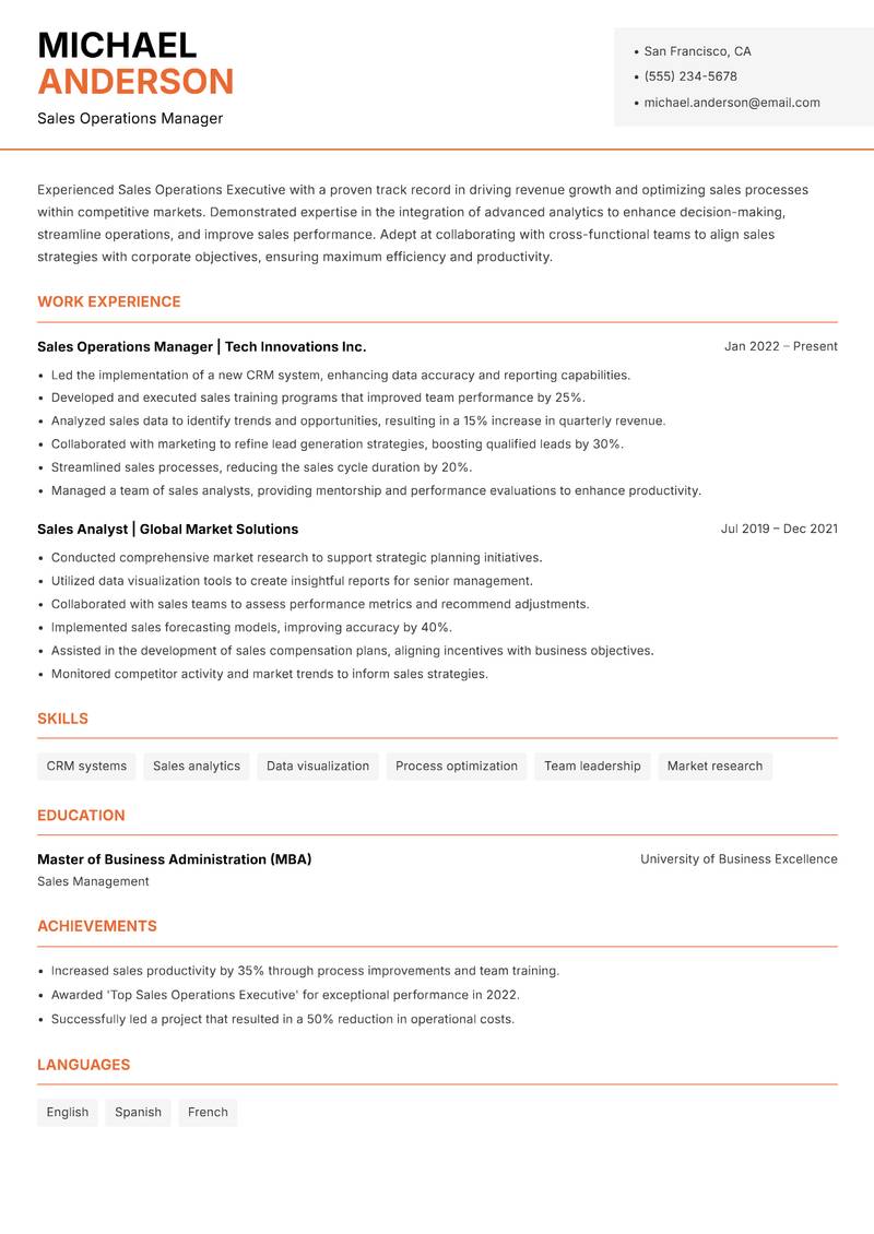 Sales Operations Executive Resume Template