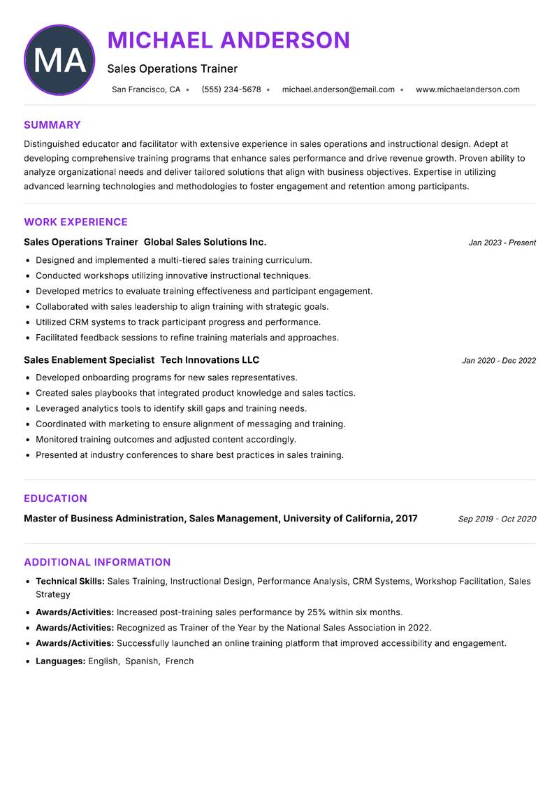 Sales Operations Instructor Resume Preview Example