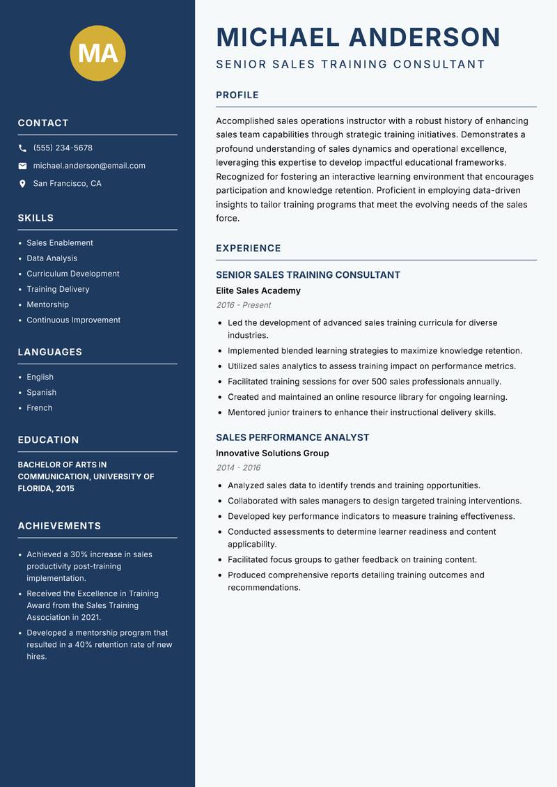 Sales Operations Instructor Resume Preview Example