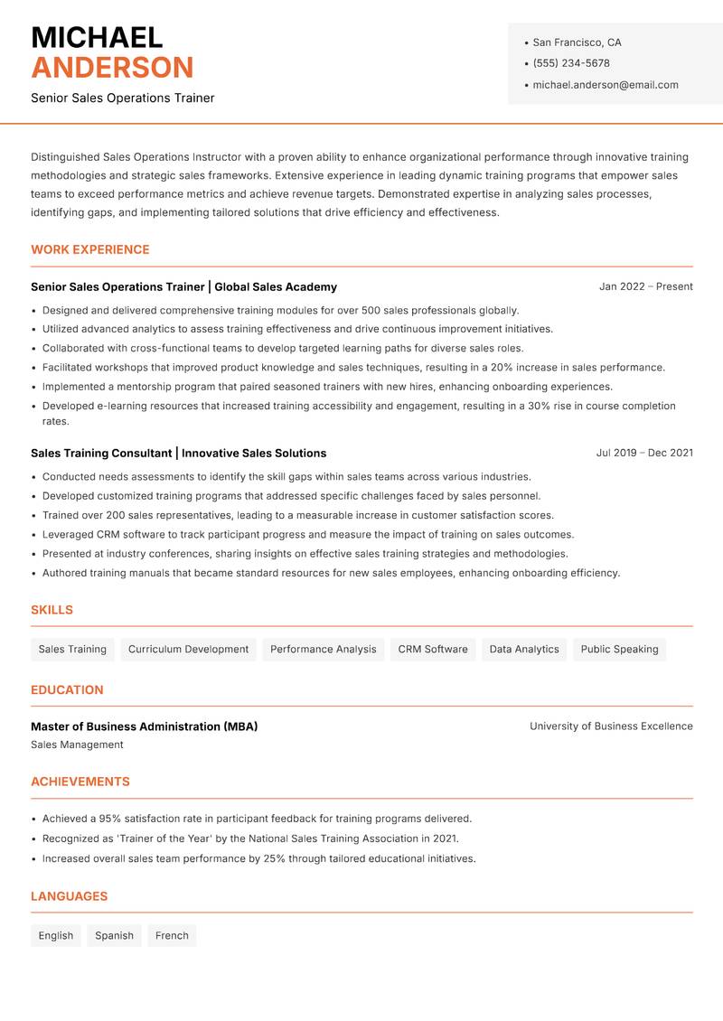 Sales Operations Instructor Resume Template