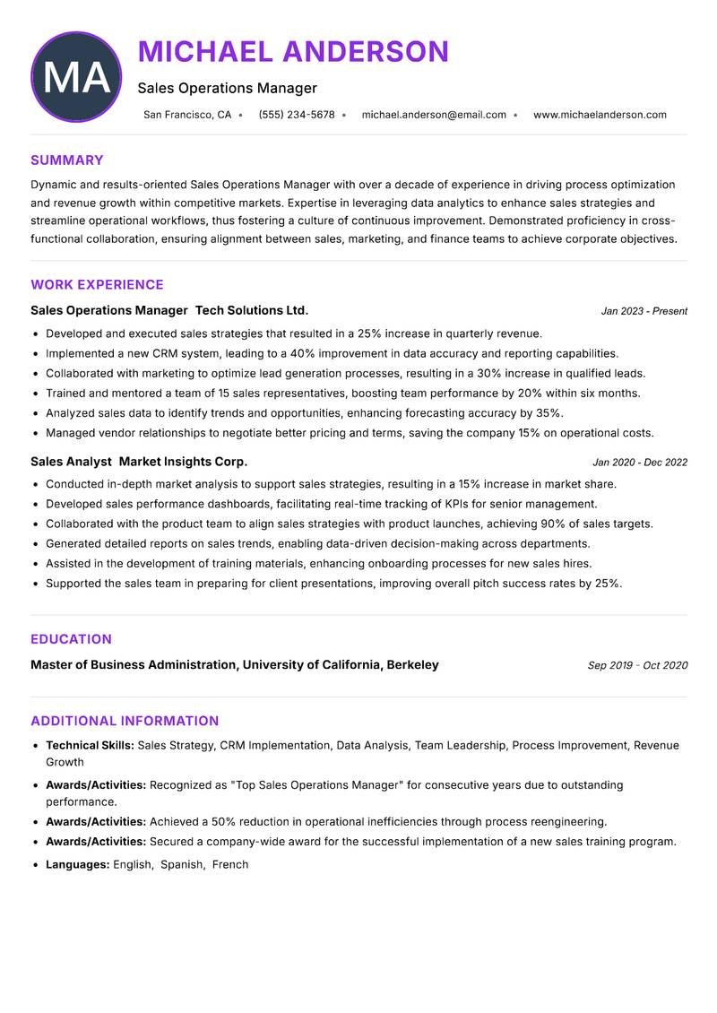 Sales Operations Manager Resume Preview Example