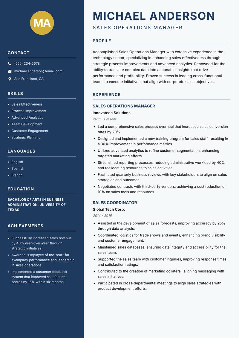Sales Operations Manager Resume Preview Example