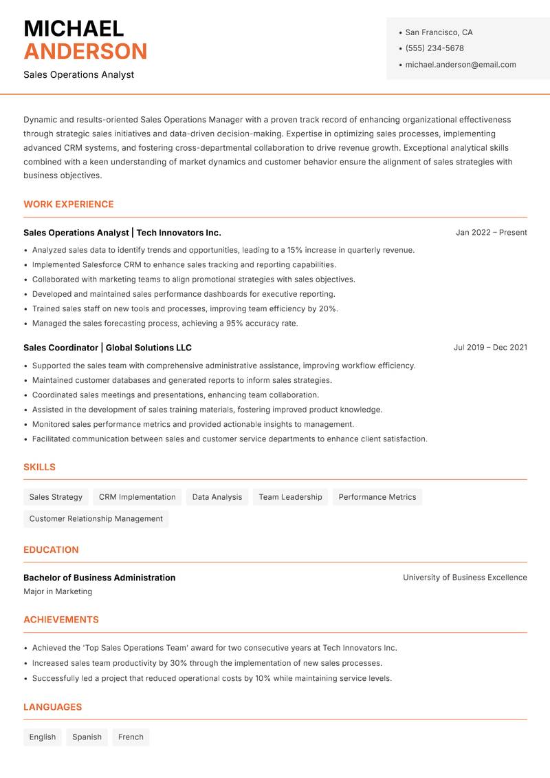 Sales Operations Manager Resume Template